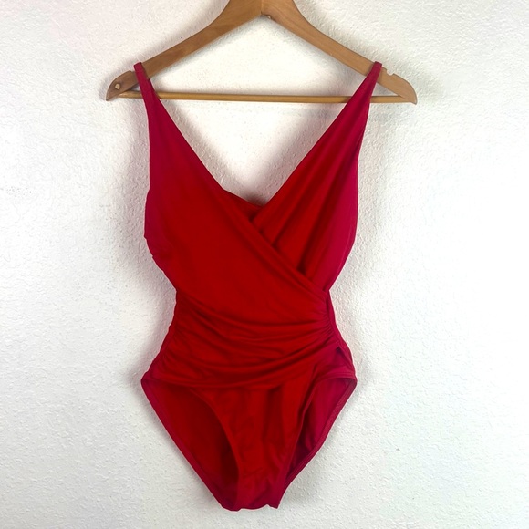 La Blanca Swim Perfect La Blanca Red Faux Wrap Ruched One Piece